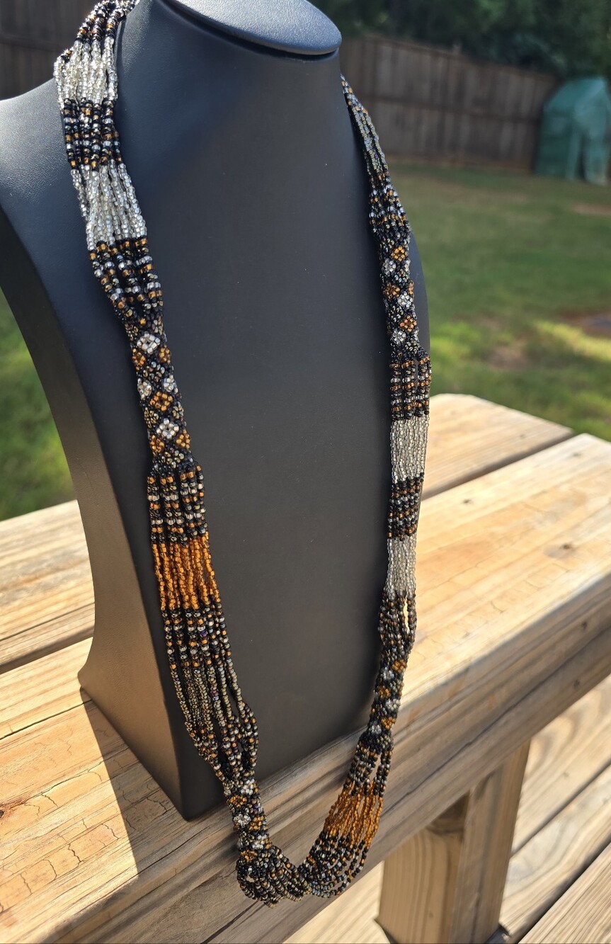 Multi-Strand Beaded Necklace in Black, Gold & Silver FairTrade Zulu Beads